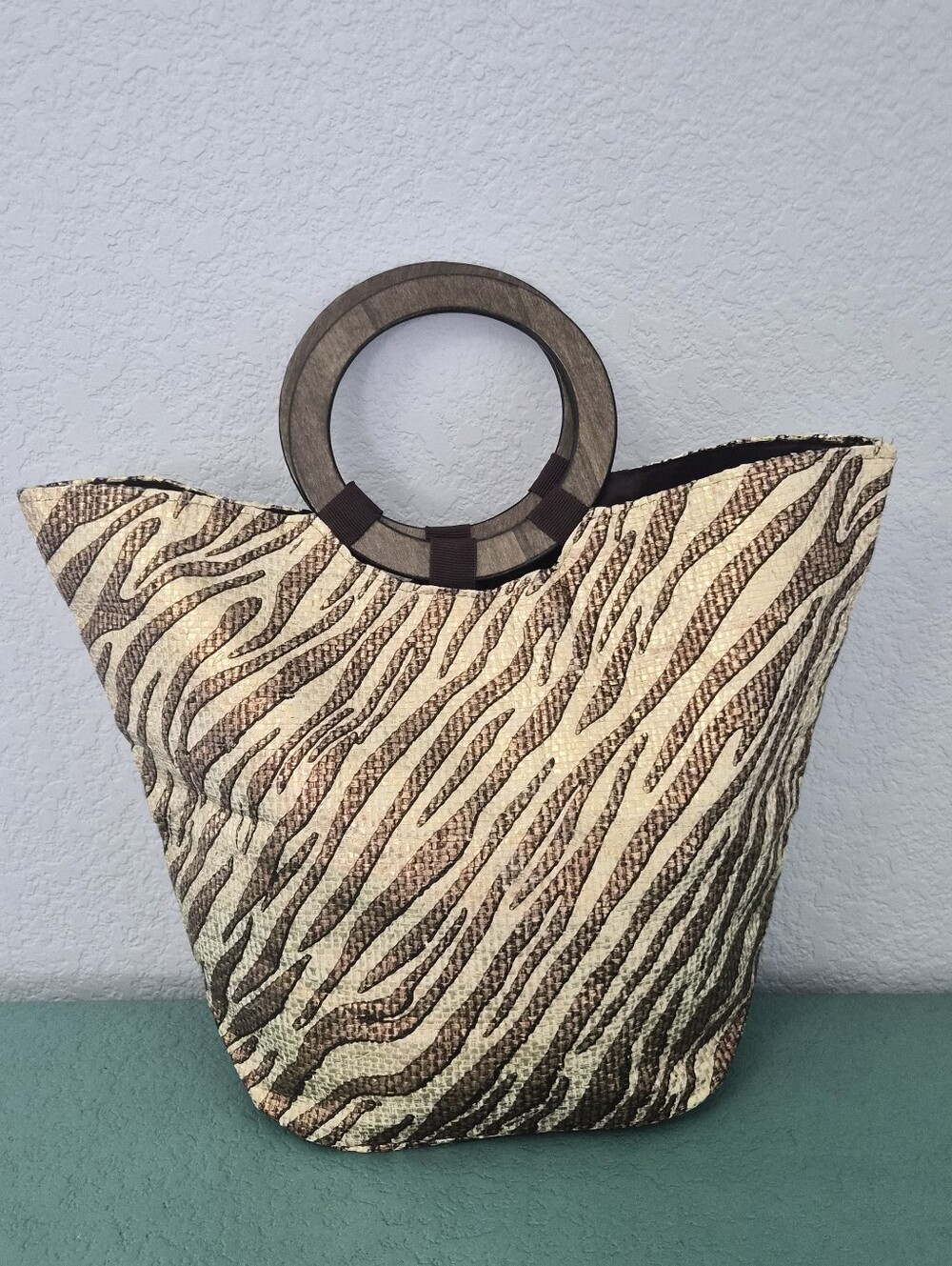Zebra Print Paper Straw Tote Bag Wooden Handles Safari Boho Casual - Picture 2 of 11